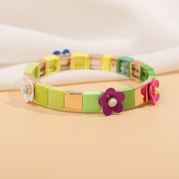 NEW Roxanne Assoulin Garden Variety Flower Grass Gold Colorful Enamel Stretch Br - Picture 1 of 3